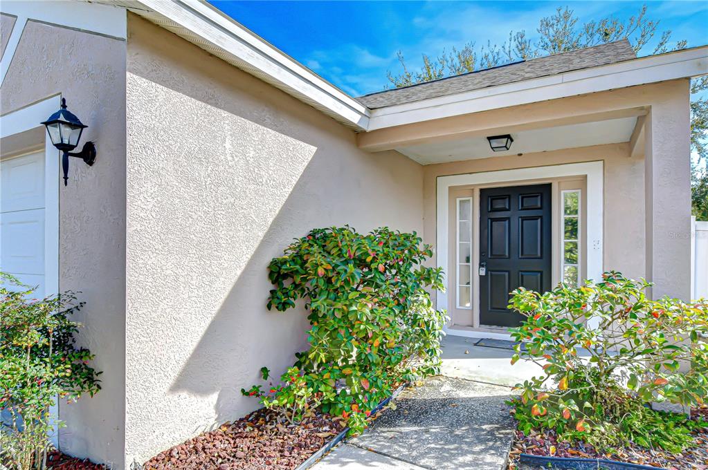 The exterior of a house features a black front door, a covered entryway, and landscaping — 24640 SIENA DRIVE, LUTZ, FL