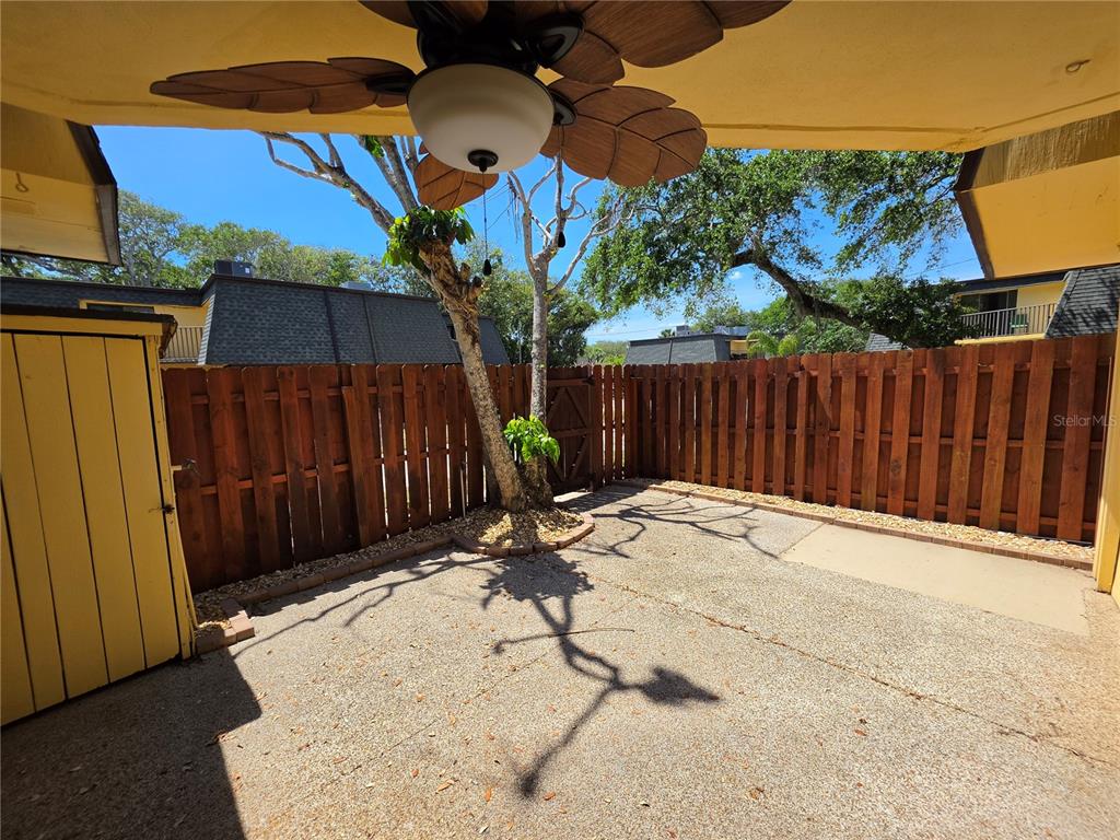 A fenced-in concrete patio features a ceiling fan, a small tree, and a storage shed — 3824 SAXON DRIVE, NEW SMYRNA BEACH, FL