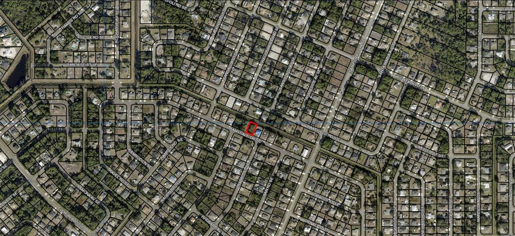 This is an aerial map view of a residential neighborhood with a highlighted property lot — 2201 RAMSDALE DRIVE SE, PALM BAY, FL