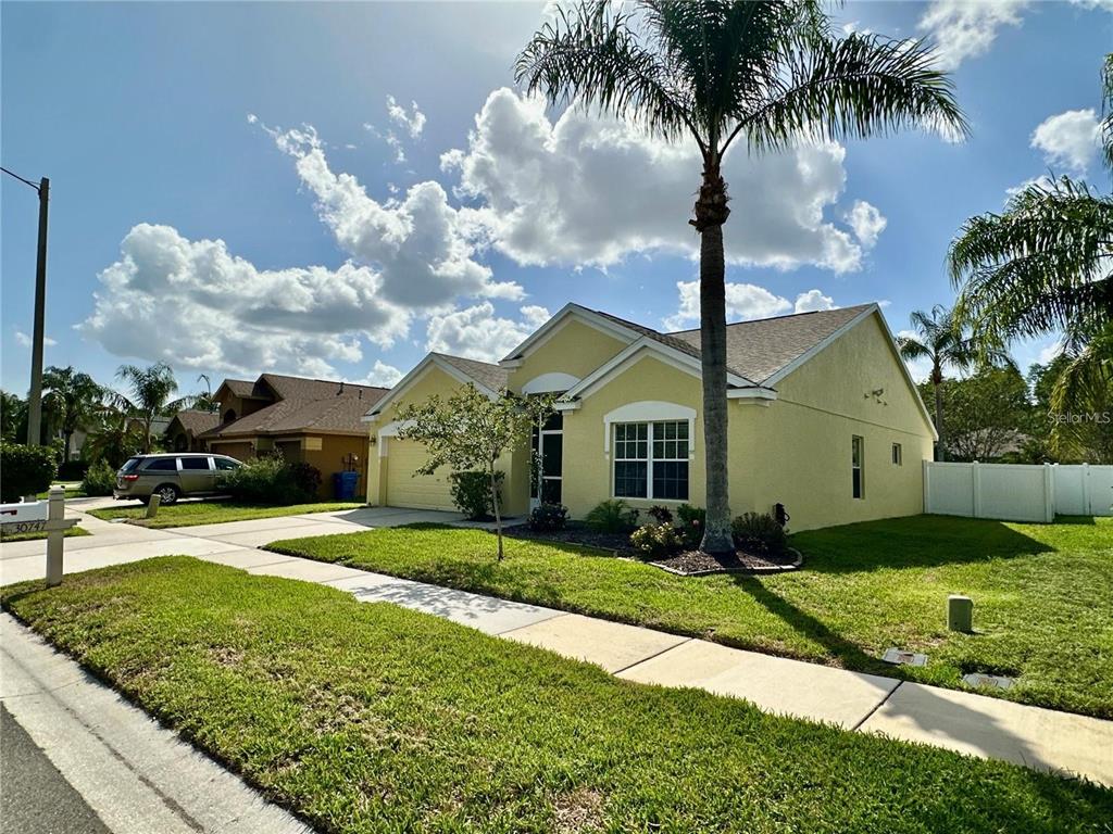 A yellow single-story house with a palm tree in the front yard — 30747 BURLEIGH DRIVE, WESLEY CHAPEL, FL
