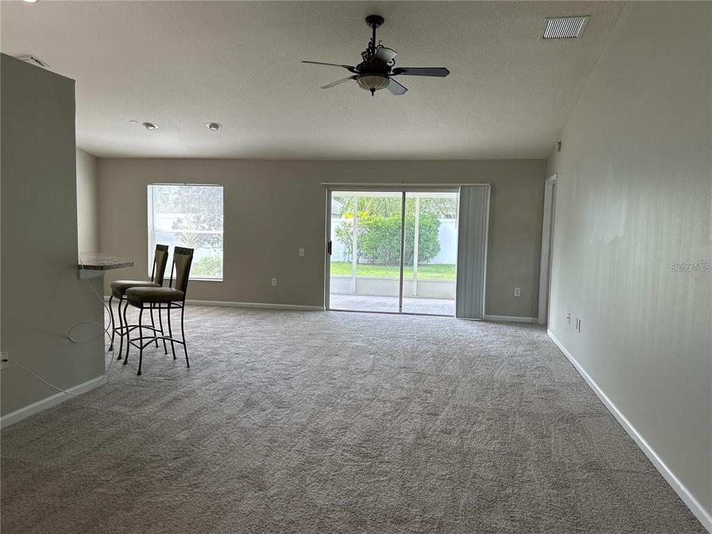 A living room with beige carpet, a ceiling fan, and sliding glass doors to a patio — 30747 BURLEIGH DRIVE, WESLEY CHAPEL, FL