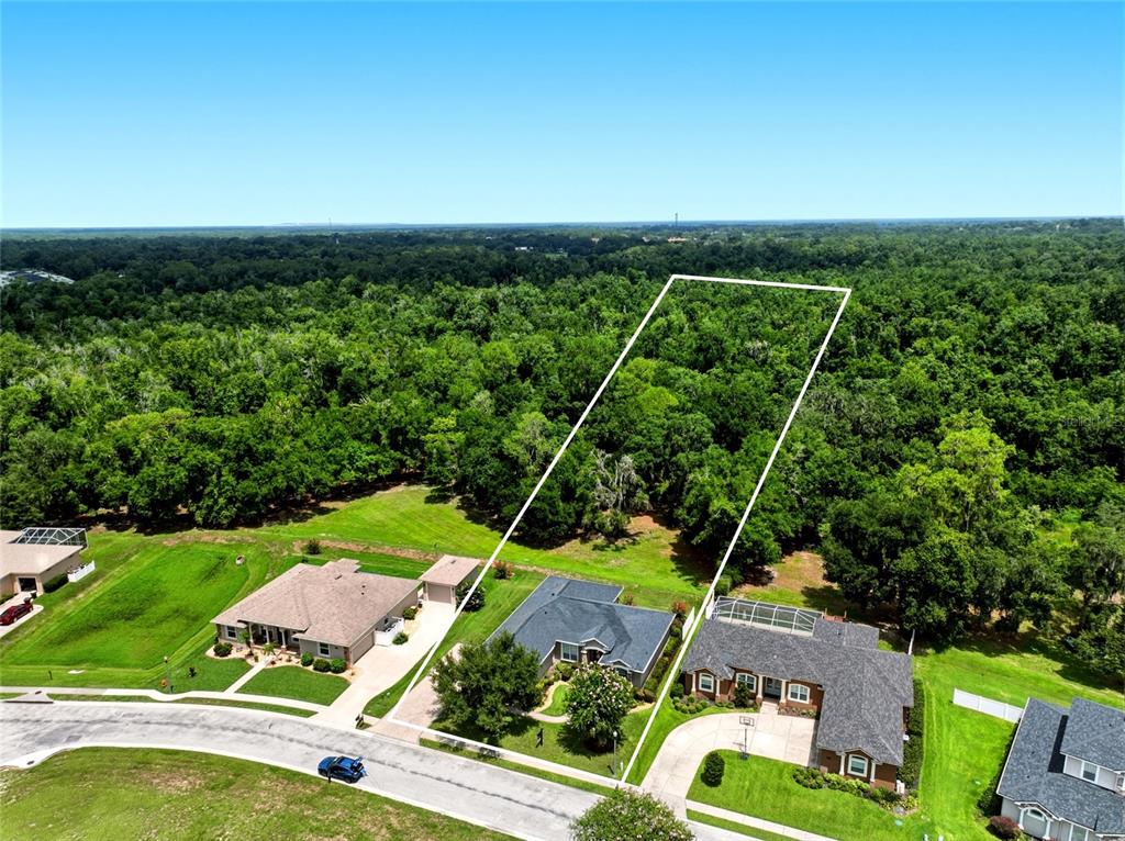 An aerial view shows a residential house with a large, wooded backyard outlined in white — 3196 HAWKS RIDGE DRIVE, LAKELAND, FL