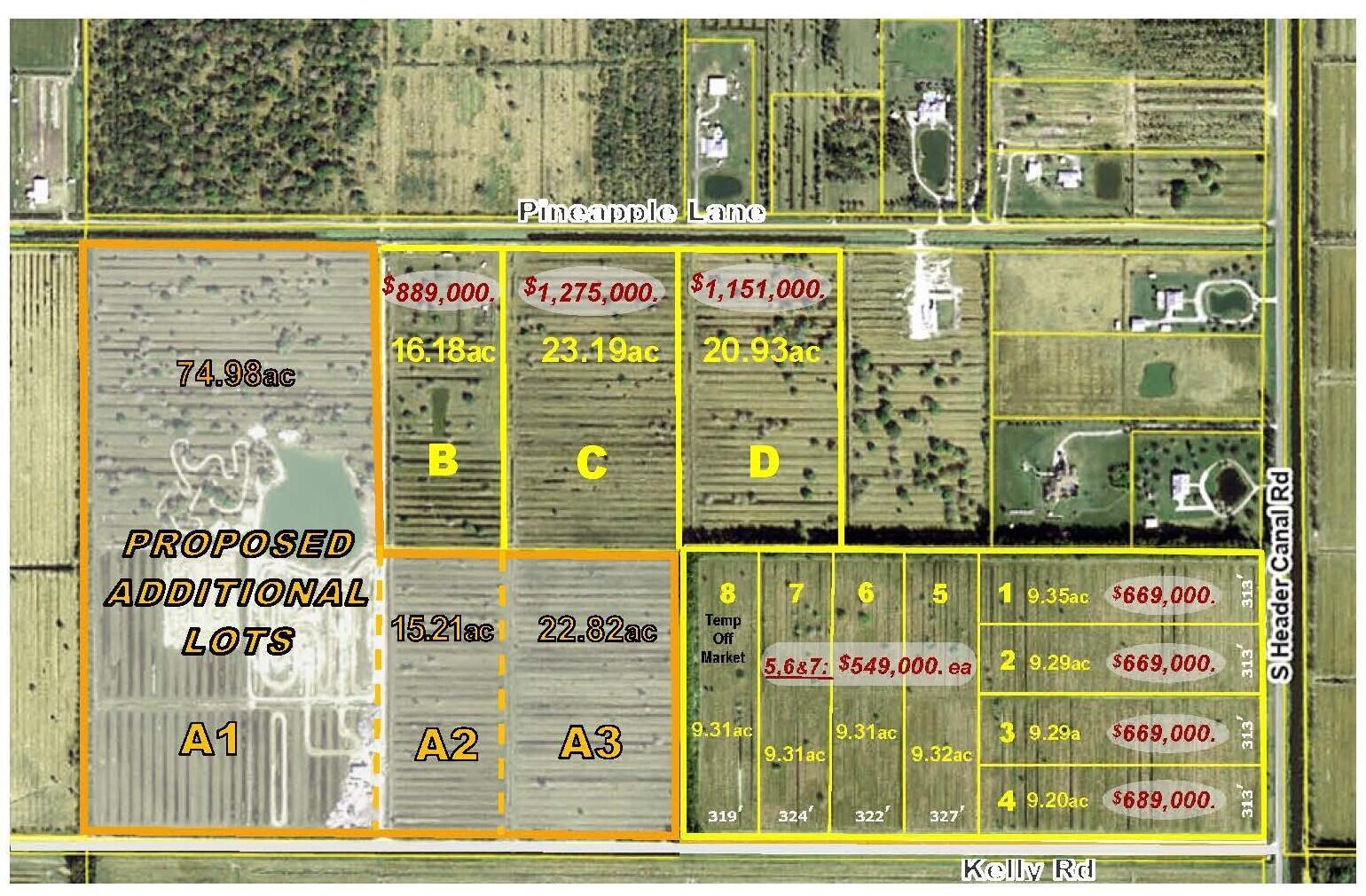 This aerial map displays a land subdivision with multiple labeled lots, acreages, and prices — Tbd Pineapple Lane, Fort Pierce FL 34945, FORT PIERCE, FL
