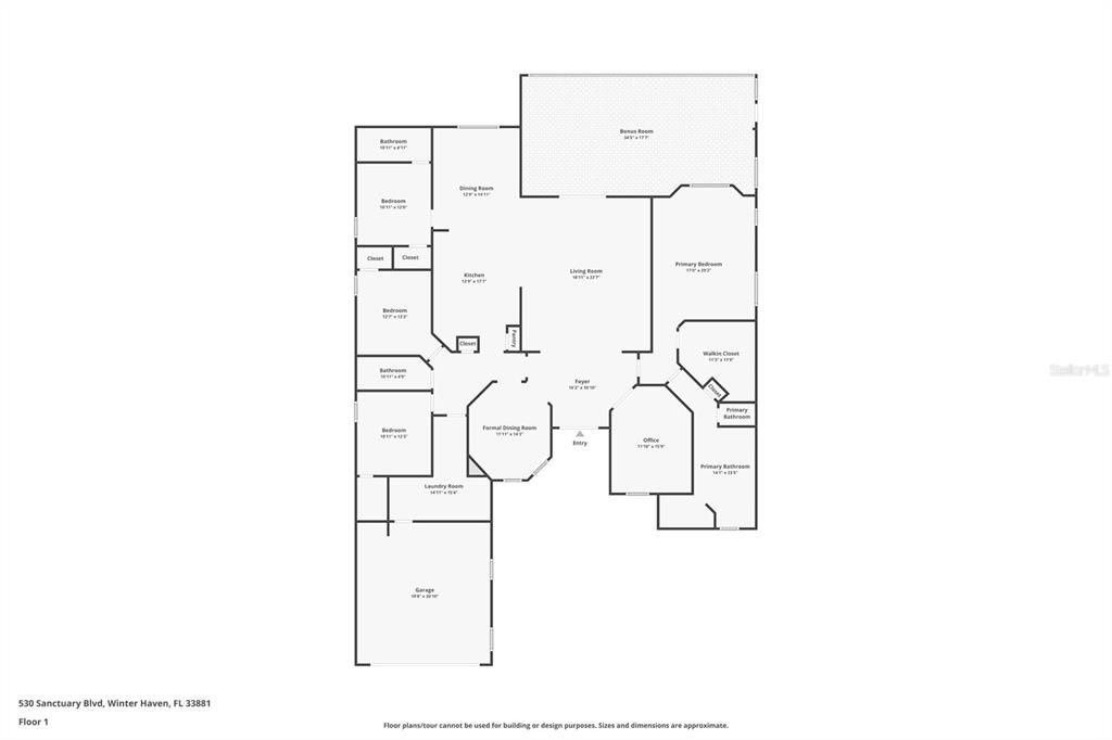 This is a floor plan for a single-story house with a garage and bonus room — 530 SANCTUARY BOULEVARD, WINTER HAVEN, FL