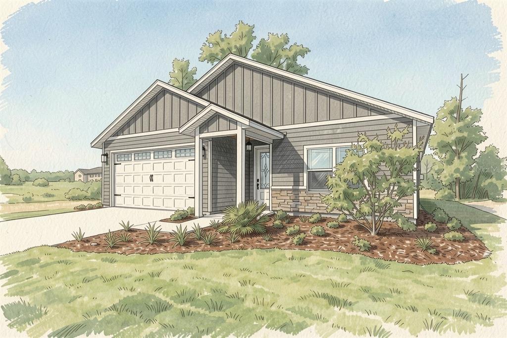 A digital rendering of a single-story house with gray siding, a stone base, and garage — 21115 SW 1ST PLACE, NEWBERRY, FL