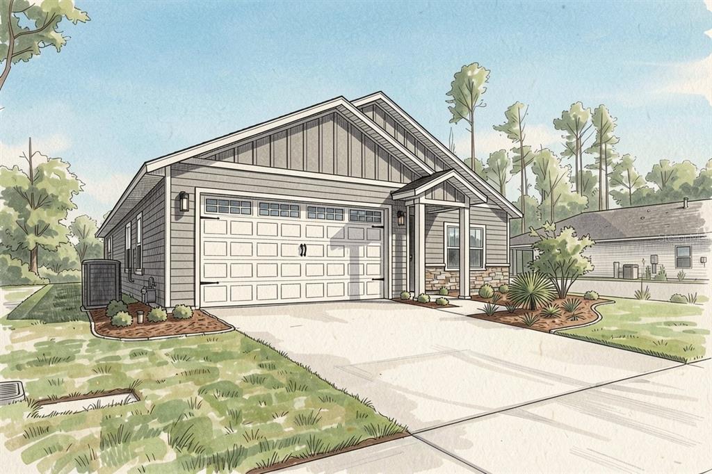 This is a rendering of a single-story house with a gray siding exterior and garage — 21115 SW 1ST PLACE, NEWBERRY, FL
