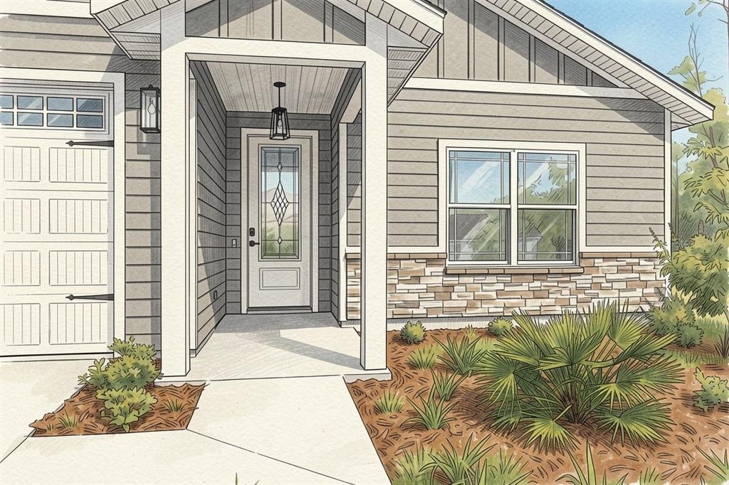 A digital rendering shows the exterior of a house with gray siding and stone accents — 21115 SW 1ST PLACE, NEWBERRY, FL