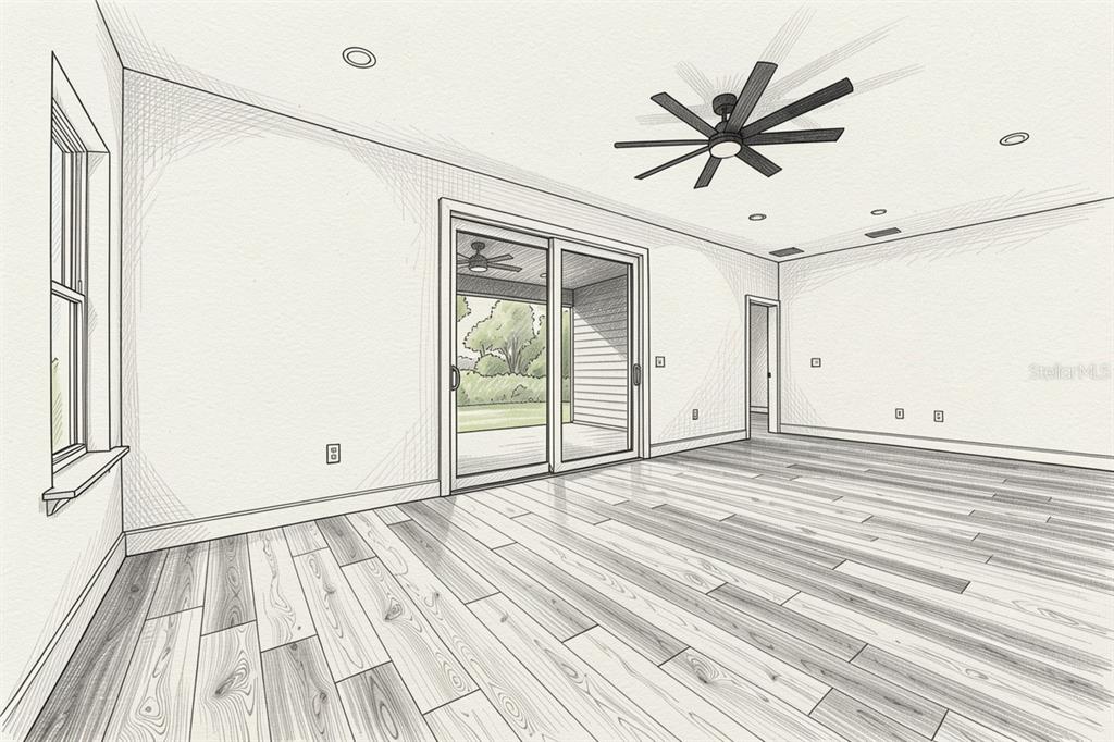This is a digital rendering of an empty room with wood-look flooring and sliding glass doors — 21115 SW 1ST PLACE, NEWBERRY, FL