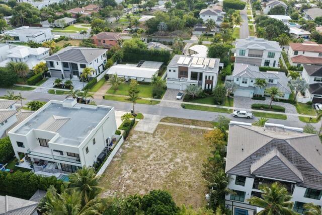 An aerial view shows a vacant residential lot situated between two modern multi-story houses — 1001 NE 3rd Avenue, Boca Raton FL 33432, BOCA RATON, FL
