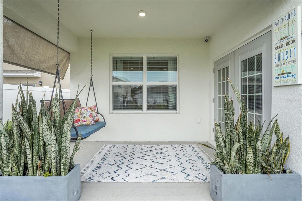 A covered patio features a hanging swing, two large potted snake plants, and a patterned rug — 1109 BRIMSTONE CIRCLE, WINTER HAVEN, FL