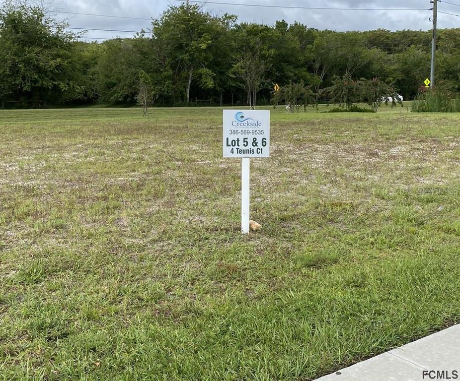 A real estate sign stands in a grassy, undeveloped lot with trees in the background — 6 TEUNIS COURT, PALM COAST, FL