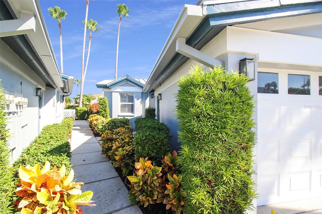 A concrete walkway leads between two light blue buildings with manicured shrubs and palm trees — 1291 SIESTA BAYSIDE DRIVE UNIT 1291A, SARASOTA, FL
