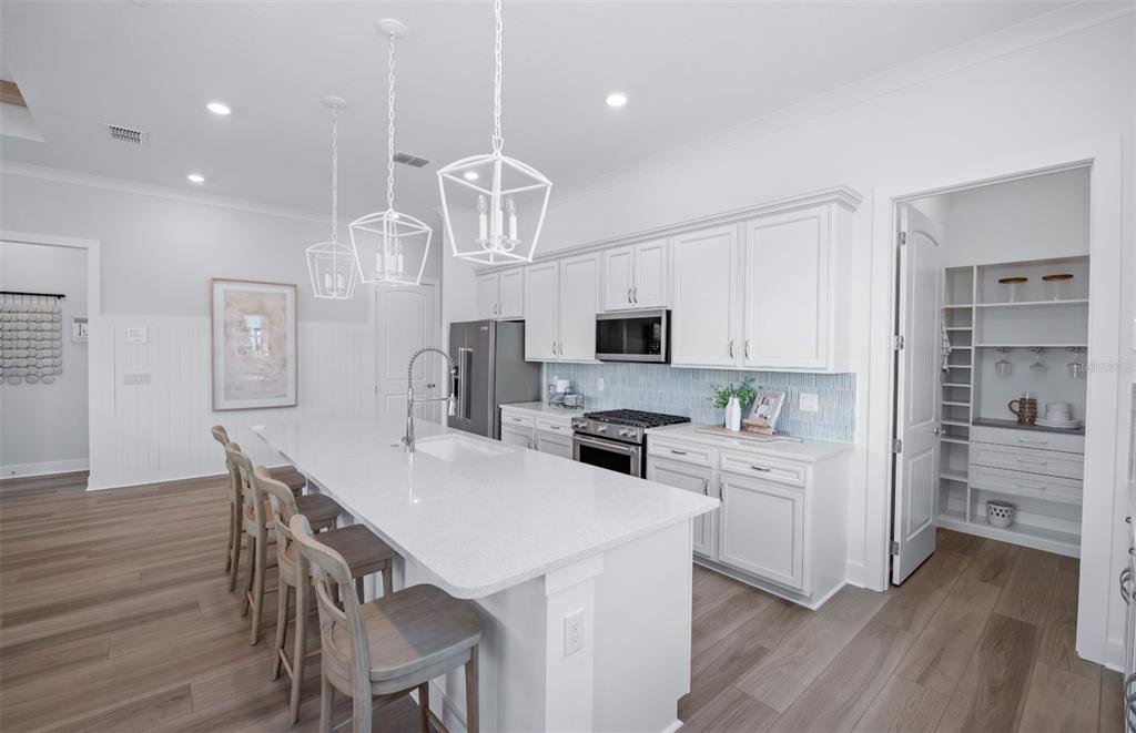 A bright kitchen features white cabinetry, a large quartz island with seating, and a pantry — 5764 SW 82ND TERRACE ROAD, OCALA, FL