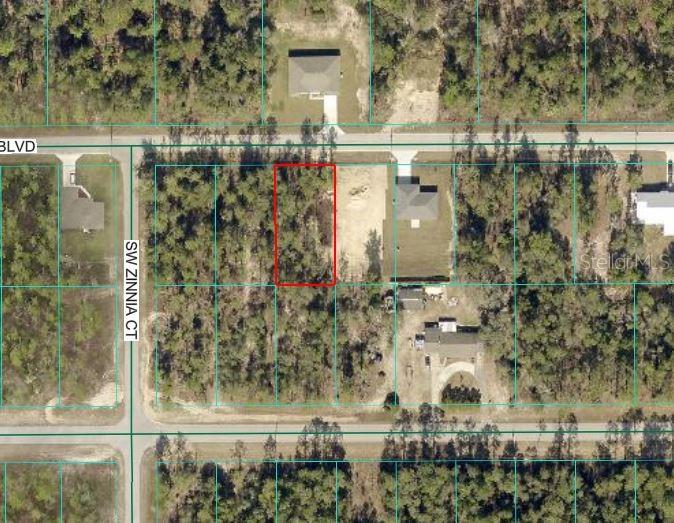 This aerial map shows a vacant, rectangular residential lot outlined in red — SW MARINE BOULEVARD, DUNNELLON, FL