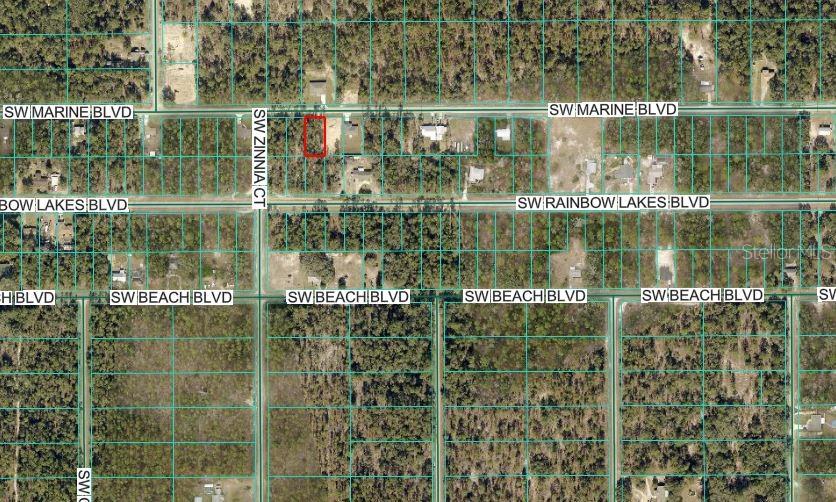 This is an aerial map showing a vacant lot outlined in red near residential streets — SW MARINE BOULEVARD, DUNNELLON, FL