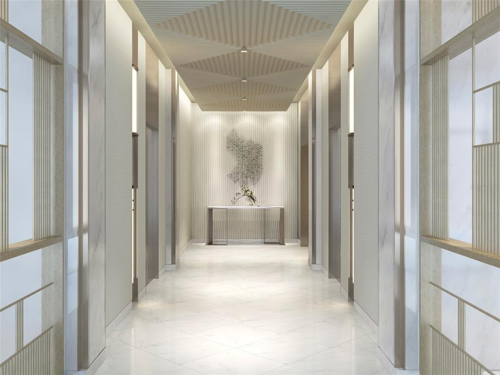 This rendering shows a modern hallway with marble floors, vertical wall paneling, and recessed lighting — 1149 ASHFORD AVENUE VANDERBILT RESIDENCES UNIT 902, SAN JUAN, PR