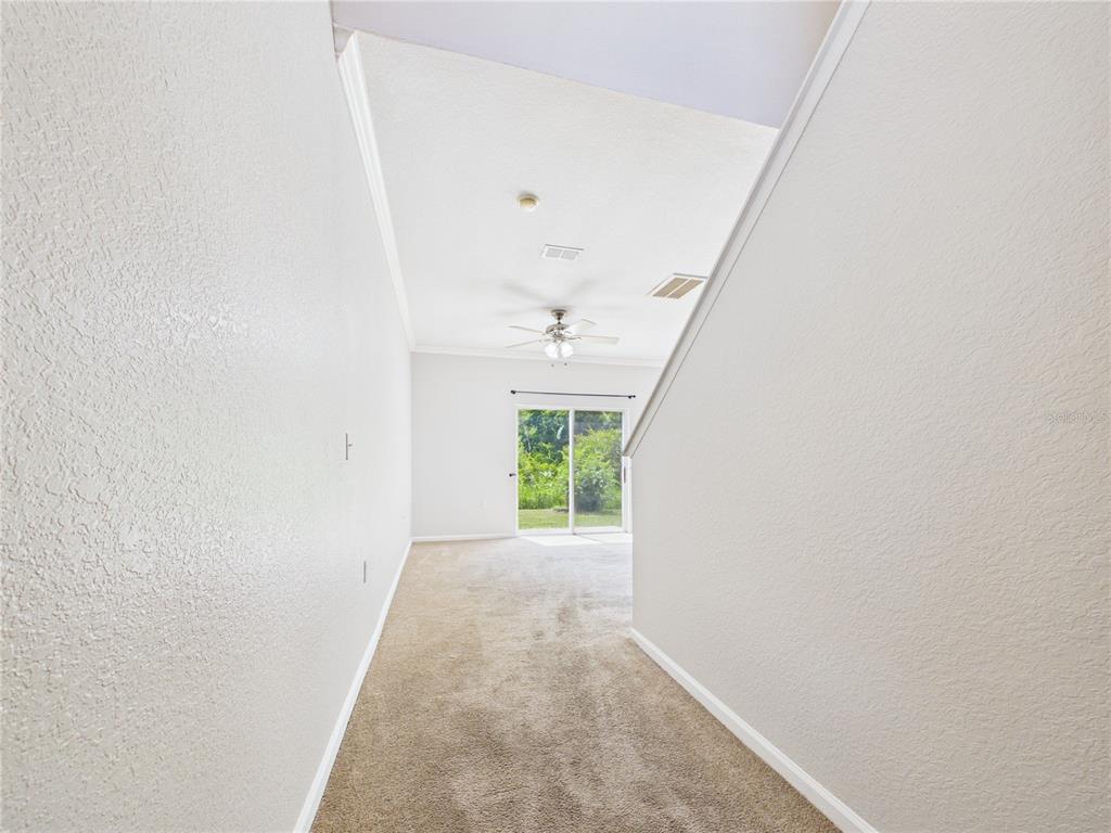 A carpeted hallway leads to a living area with a ceiling fan and sliding glass doors — 16310 FAIRFORD PALMS COURT, TAMPA, FL