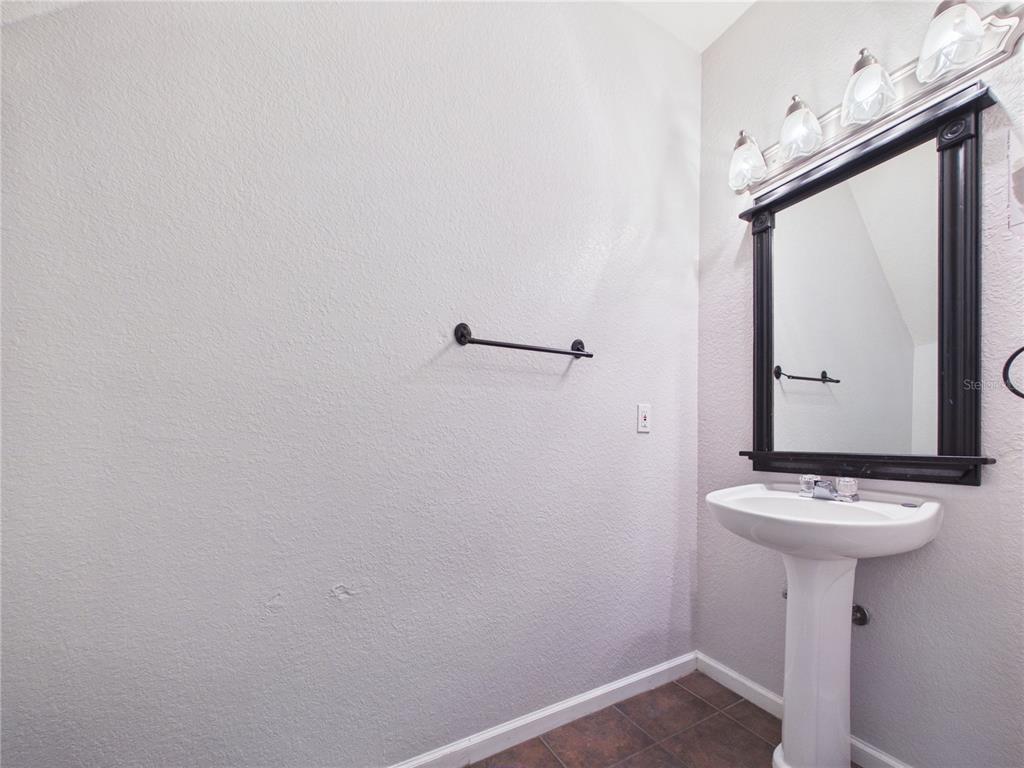 A bathroom features a pedestal sink, a black-framed mirror, and a wall-mounted towel bar — 16310 FAIRFORD PALMS COURT, TAMPA, FL