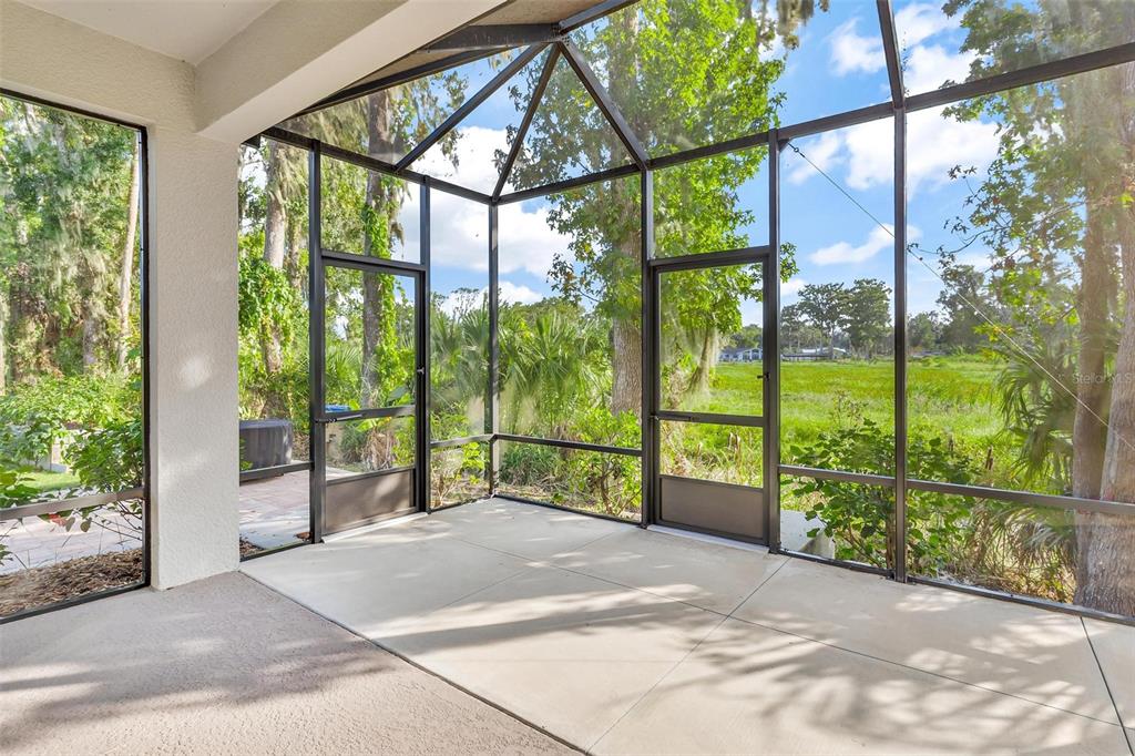 A screened-in patio with a concrete floor overlooks a grassy yard and wooded area — 944 BELLE OAK DRIVE, LEESBURG, FL