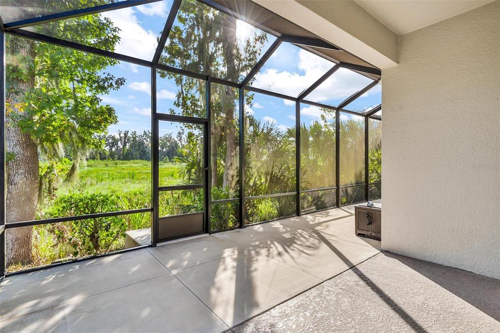 A screened-in concrete patio overlooks a grassy field and trees under a sunny sky — 944 BELLE OAK DRIVE, LEESBURG, FL