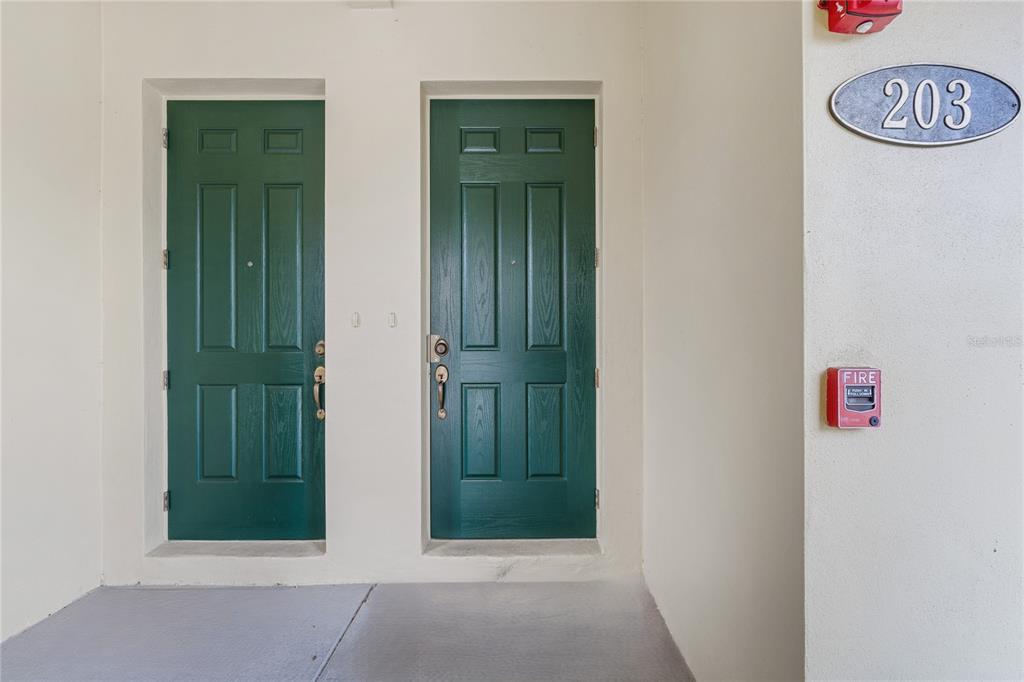 Two green doors are set into a beige wall next to a fire alarm — 1819 COMMON WAY ROAD UNIT 203, ORLANDO, FL