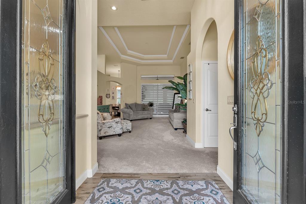 A view through a decorative glass front door into a carpeted living room with tray ceilings — 5151 DELACROIX DRIVE, BROOKSVILLE, FL