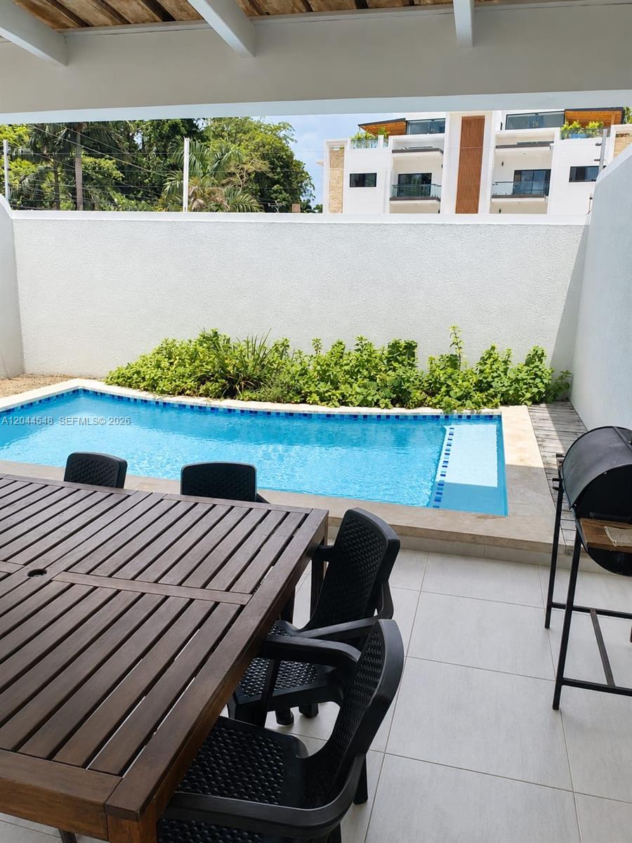 A patio features a wooden dining table, a charcoal grill, and a small swimming pool — 01 Calle Mariano Vanderhorst, FL 32000, FL