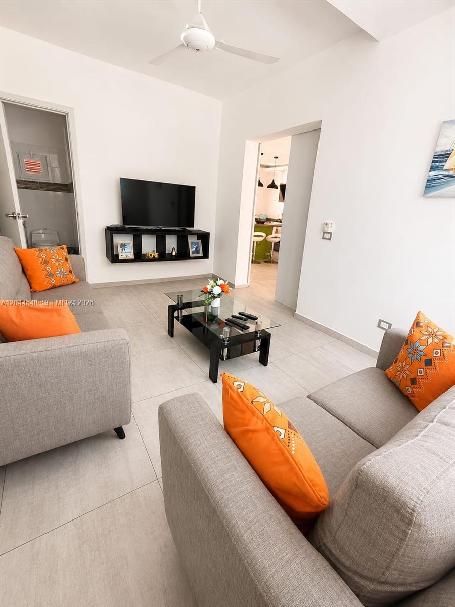 A living room features two gray sofas with orange pillows, a glass coffee table, and television — 01 Calle Mariano Vanderhorst, FL 32000, FL