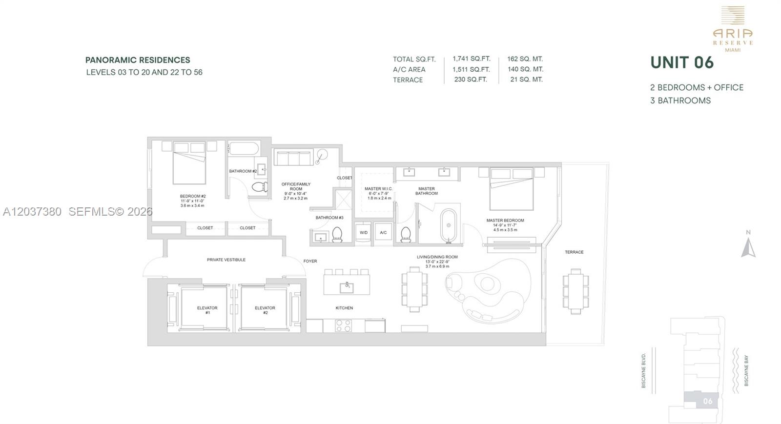 This is a floor plan for a two-bedroom, three-bathroom residential unit with a private terrace — 700 NE 23 # 2206, Miami FL 33137, MIAMI, FL