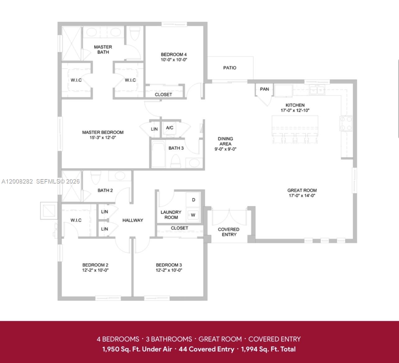 This floor plan shows a four-bedroom, three-bathroom home layout with an open-concept living area — 23065 SW 119 Ave, Miami FL 33170, MIAMI, FL