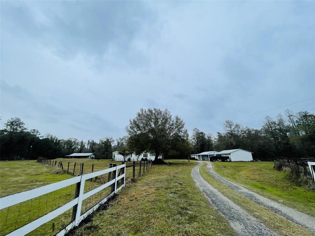 A gravel driveway leads toward a white house and detached garage on a grassy lot — 6810 PEARSON LANE, WESLEY CHAPEL, FL