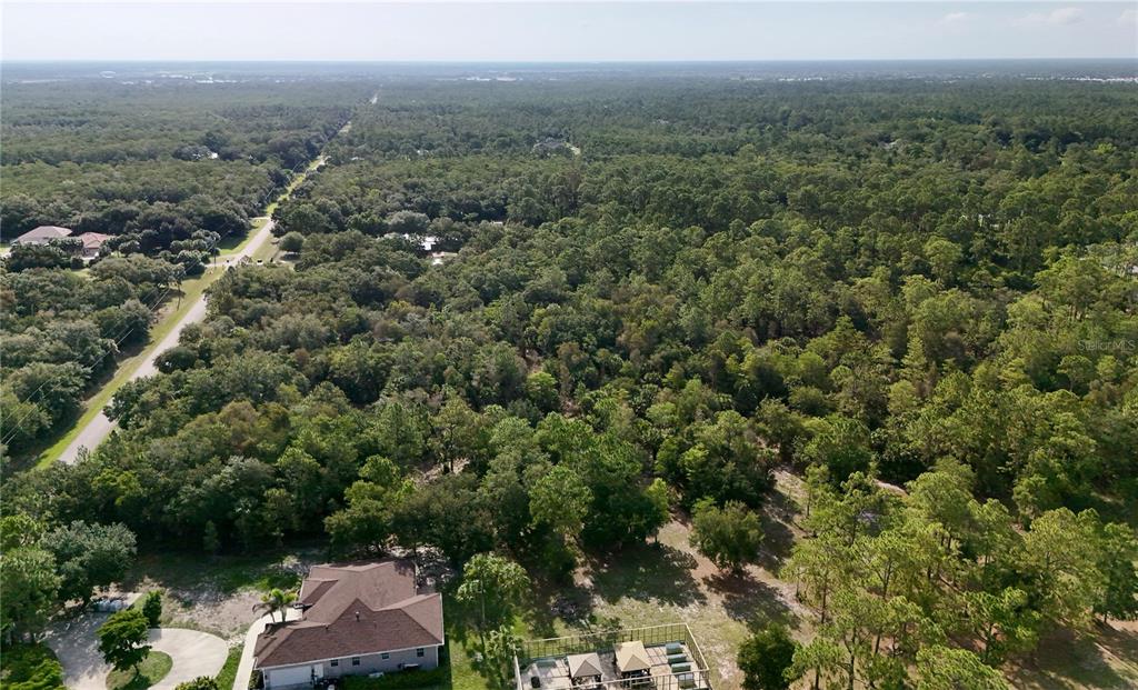 An aerial view shows a residential house with a pool next to a large forest — 280 35TH AVENUE NW, NAPLES, FL