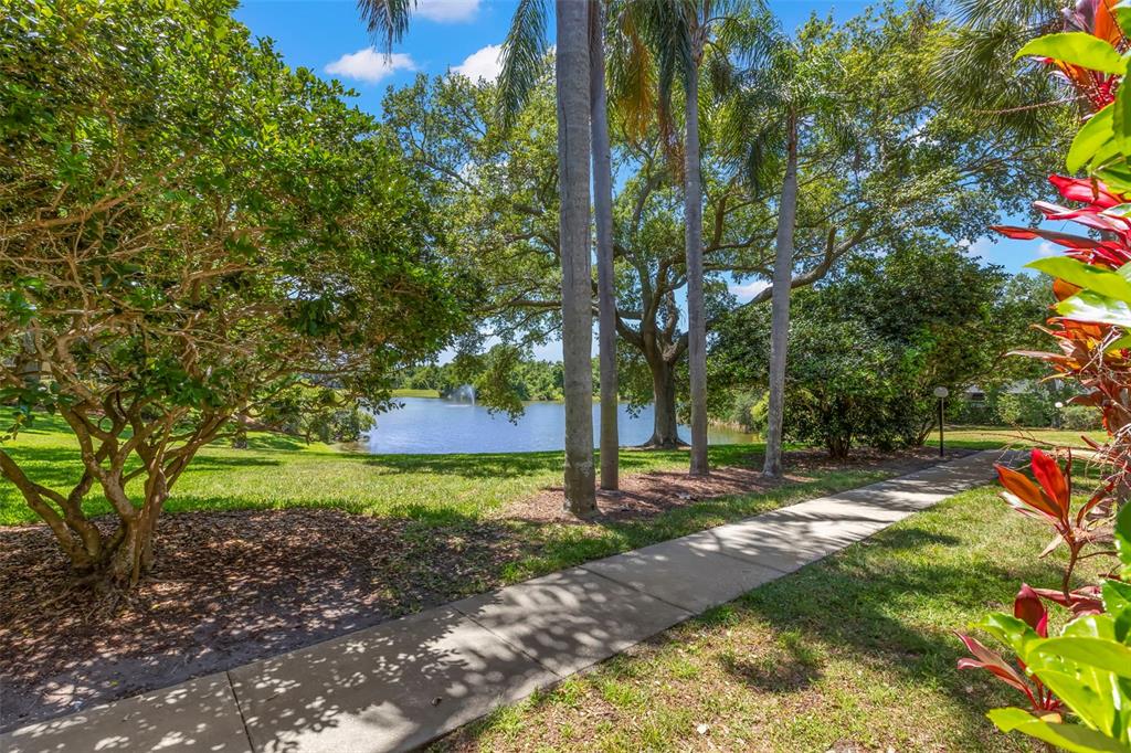 A paved walkway leads through a grassy park area toward a pond with a fountain — 2690 CORAL LANDINGS BOULEVARD UNIT 112, PALM HARBOR, FL
