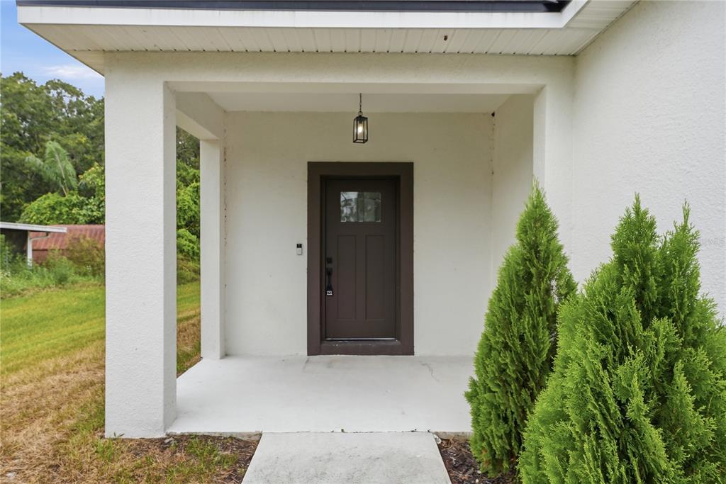 A covered concrete porch leads to a dark brown front door with a glass pane — 5401 OLD CHENEY HIGHWAY, ORLANDO, FL
