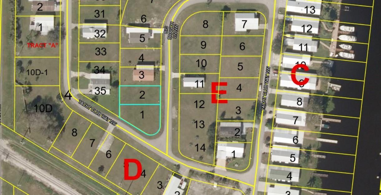 This is a map showing residential property lots and streets in a waterfront neighborhood — 803 & 805 & 805 Big Branch Lane, Moore Haven FL 33471, MOORE HAVEN, FL