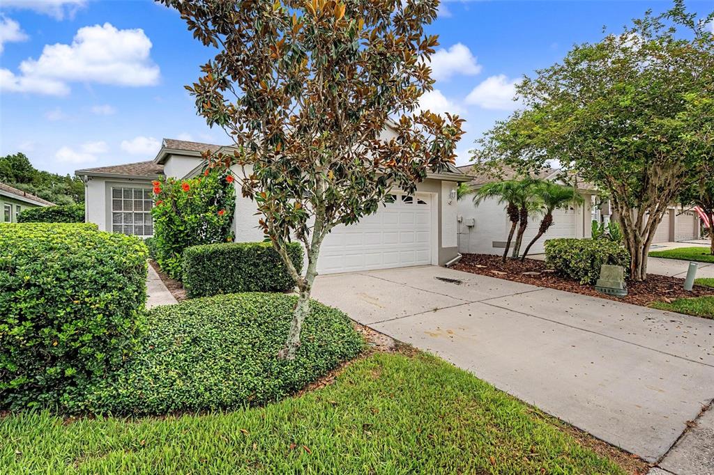 A single-story house with a white garage, a concrete driveway, and manicured landscaping — 19309 WEYMOUTH DRIVE, LAND O LAKES, FL