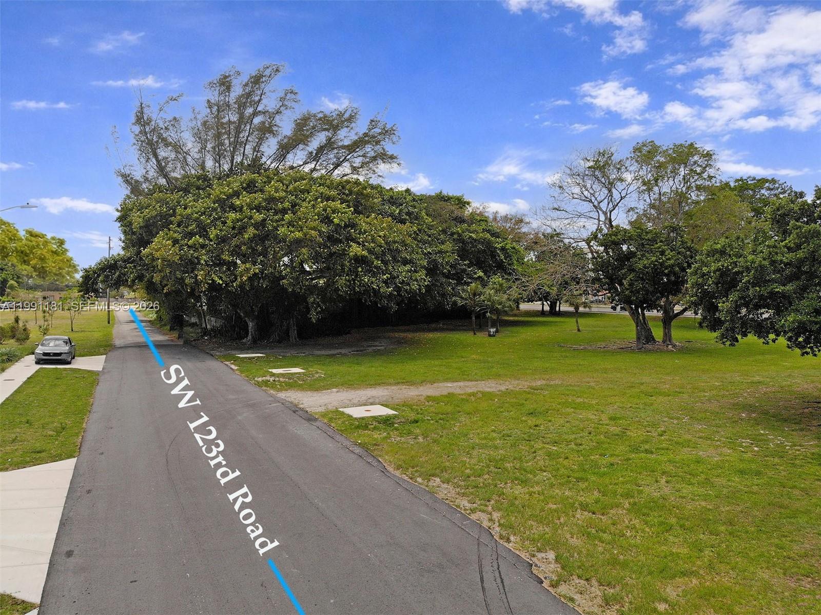 A paved road runs alongside a grassy lot with several large trees under a blue sky — 22650 SW 123rd Rd, Miami FL 33170, MIAMI, FL