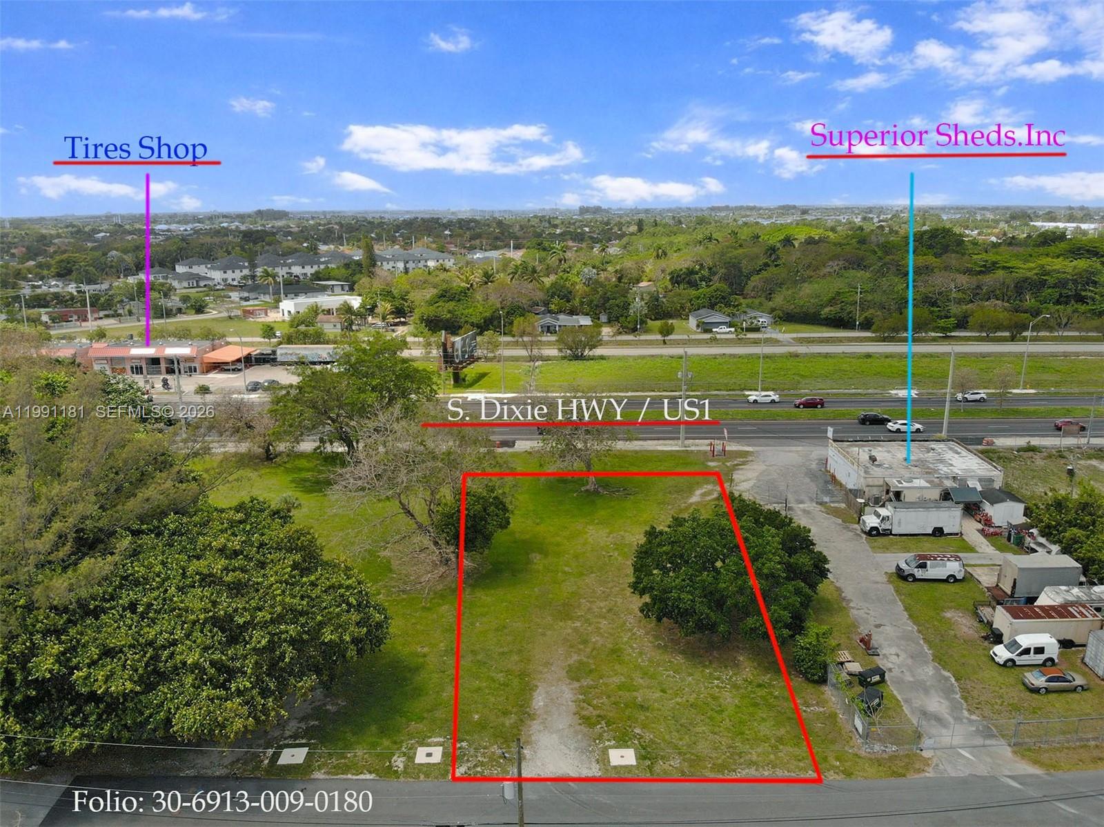 An aerial view shows a vacant rectangular lot outlined in red near a highway — 22650 SW 123rd Rd, Miami FL 33170, MIAMI, FL