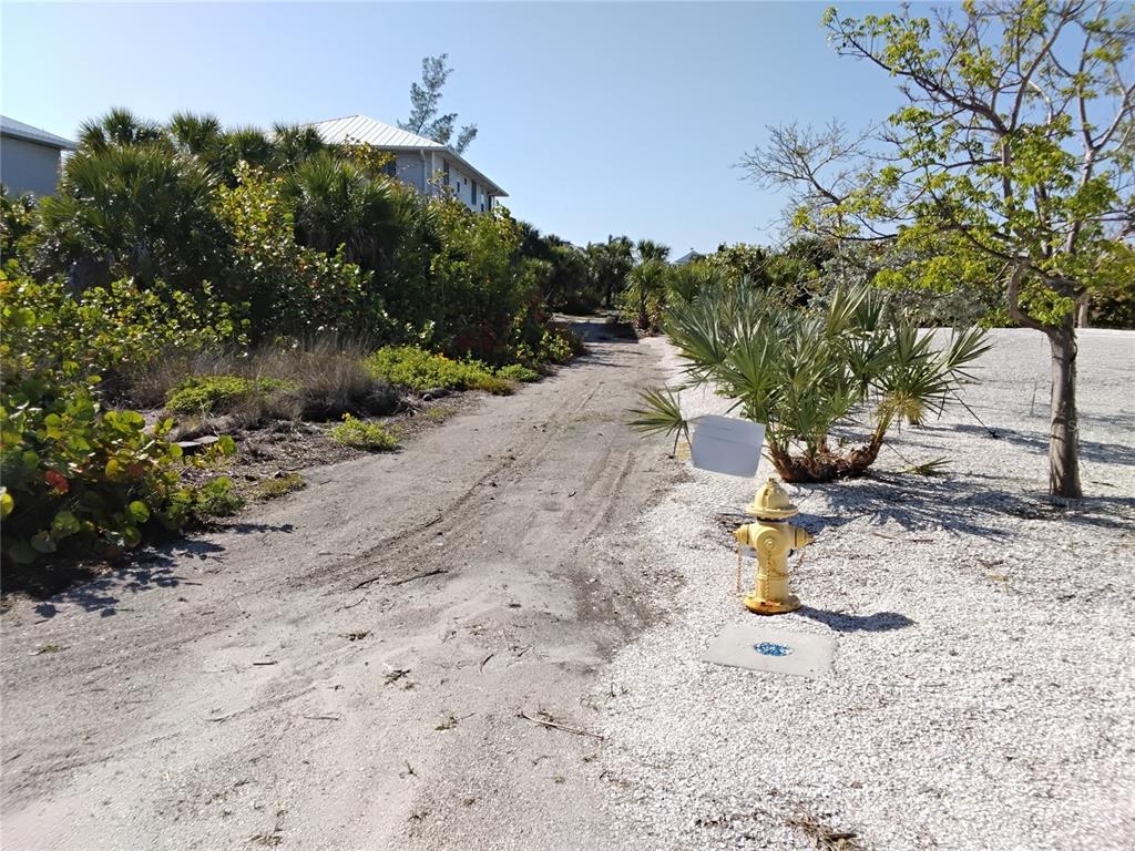 A dirt path leads past a yellow fire hydrant toward a house and dense vegetation — 91 GASPARILLA WAY, PLACIDA, FL