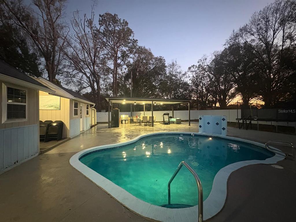 A backyard features a swimming pool, a covered patio area, and a small house exterior — 1506 S OREGON CIRCLE, TAMPA, FL