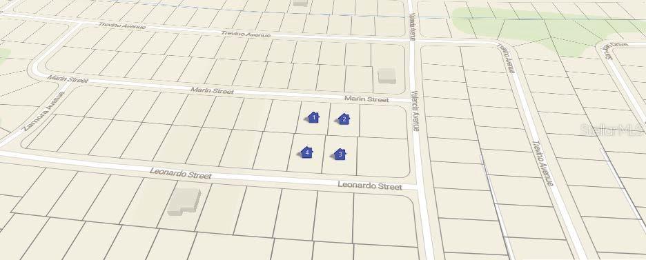 This is a map showing four vacant residential lots located between Marin and Leonardo Streets — 7827 & 7839 MARIN + 7824 & 7836 LEONARDO STREET, SEBRING, FL