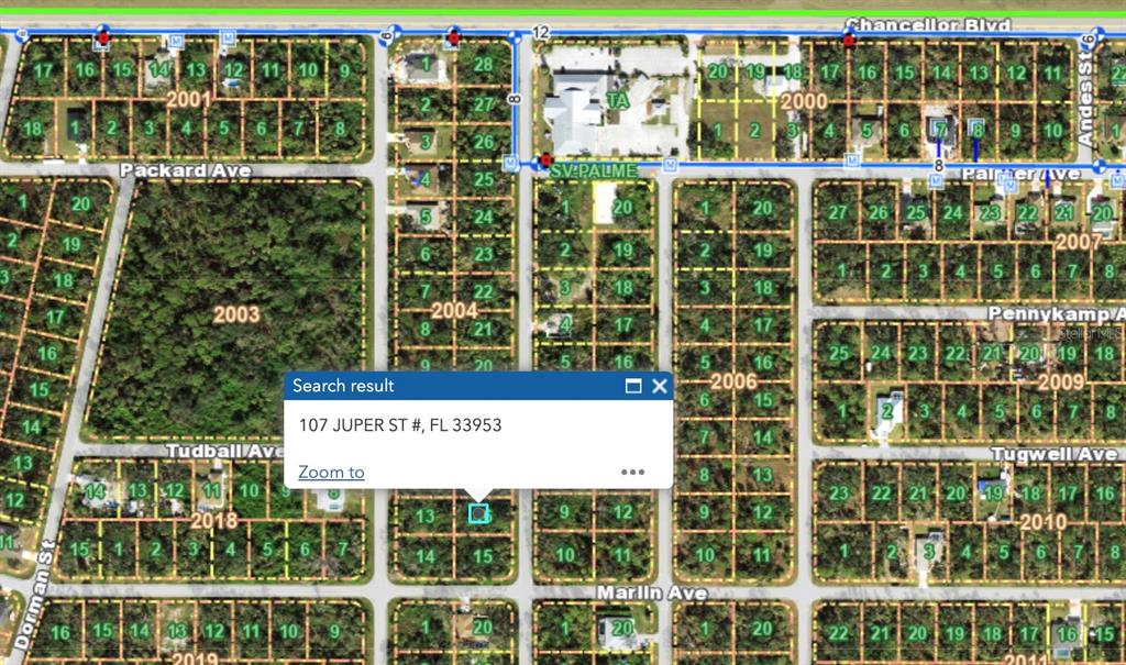 This is a map showing residential land parcels and street layouts in a neighborhood — 107 JUPER STREET, PORT CHARLOTTE, FL