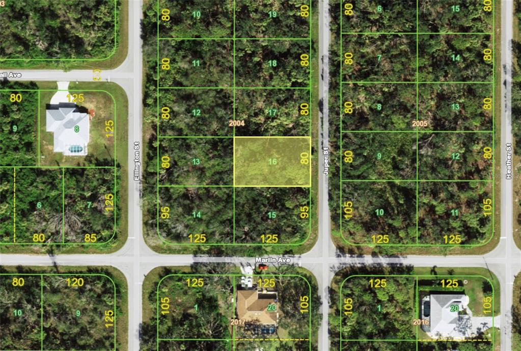 This is a map showing a highlighted vacant residential lot surrounded by other plotted properties — 107 JUPER STREET, PORT CHARLOTTE, FL