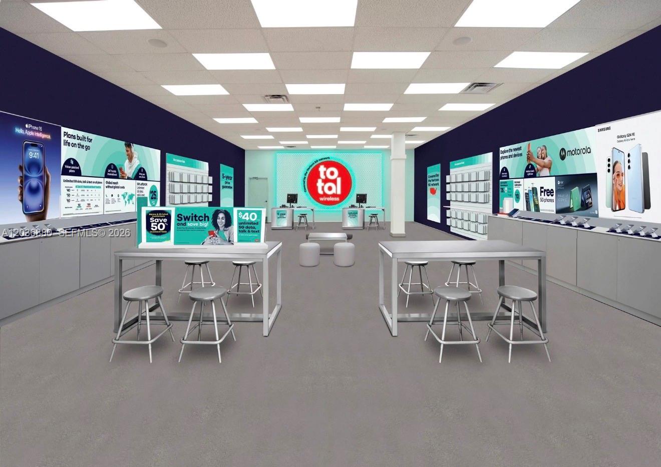 This is a digital rendering of a Total Wireless retail store interior with display tables — 740 W 49 st, Hialeah FL 33012, HIALEAH, FL