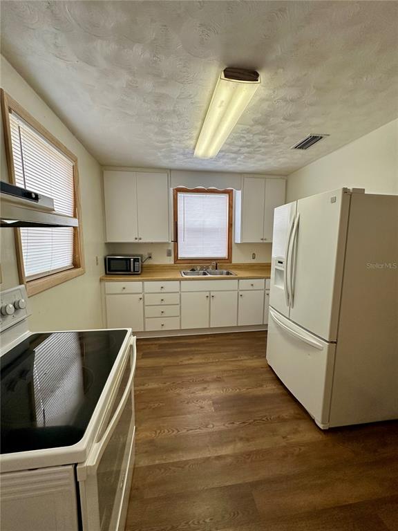 A kitchen features white cabinets, a stainless steel microwave, a white refrigerator, and wood-look flooring — 520 SW 5TH AVENUE, LAKE BUTLER, FL