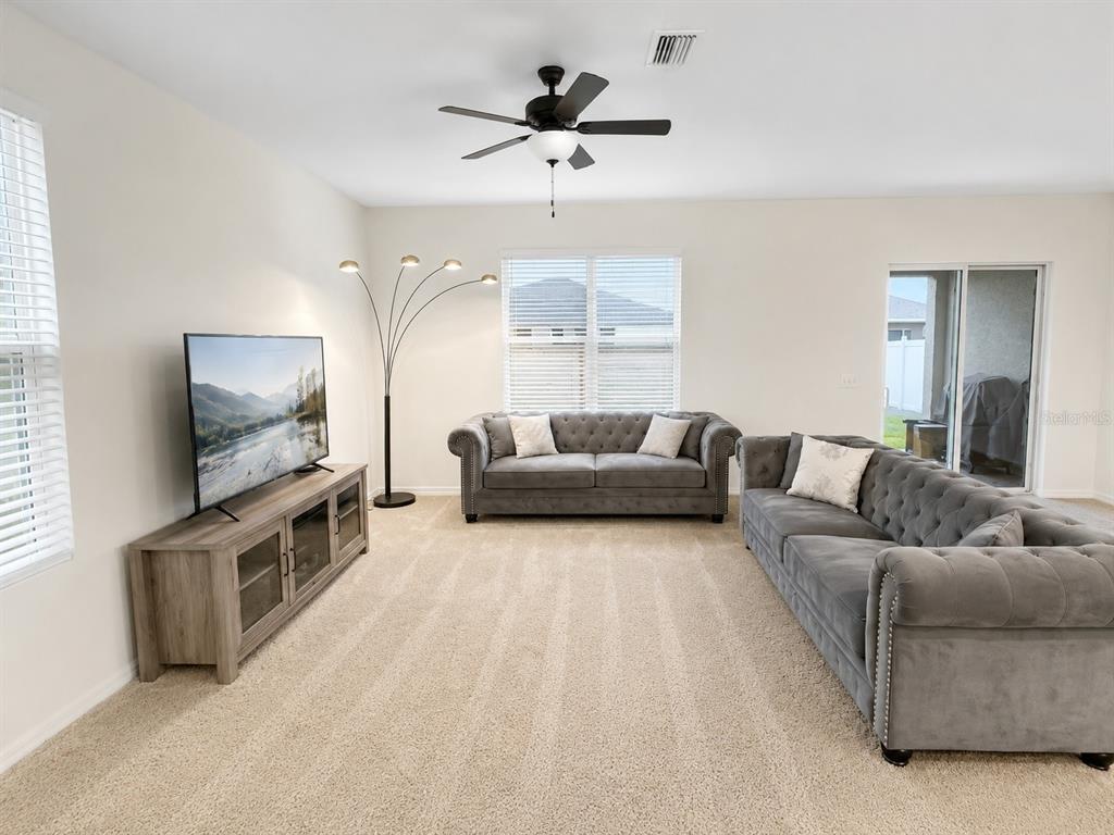 A living room features two grey tufted sofas, a television console, and a ceiling fan — 32649 PEZ LANDING LANE, WESLEY CHAPEL, FL