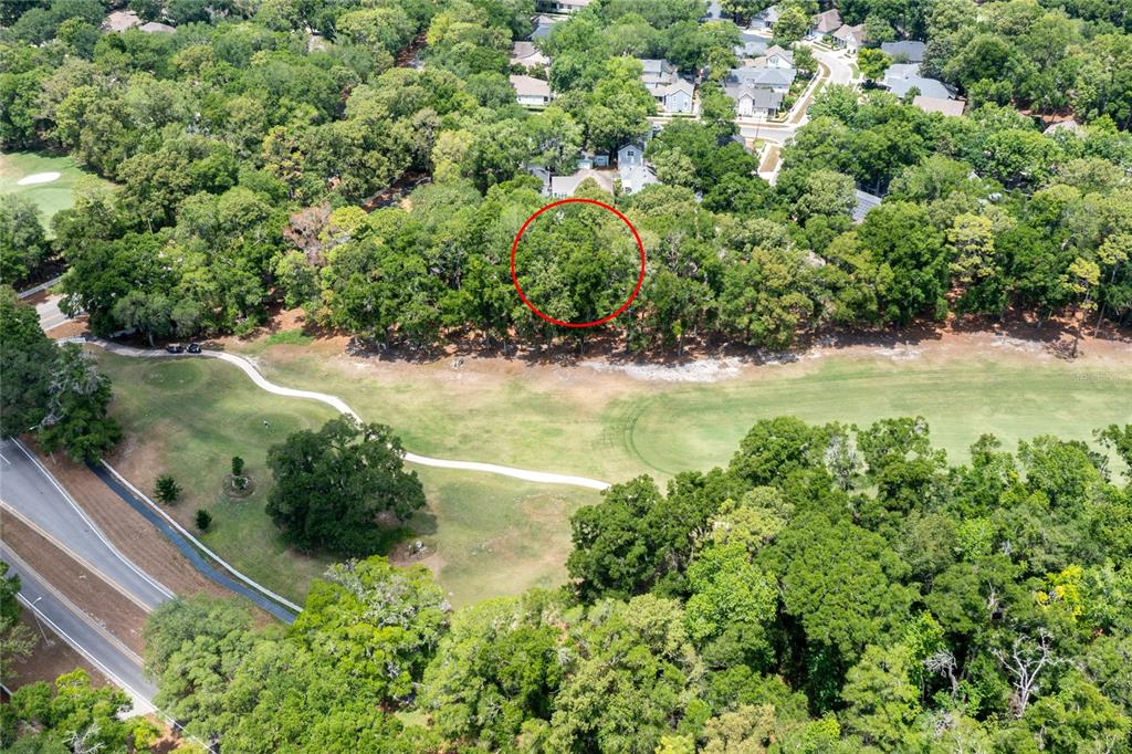 An aerial view shows a wooded lot circled in red bordering a golf course — 5231 SW 103RD DRIVE, GAINESVILLE, FL