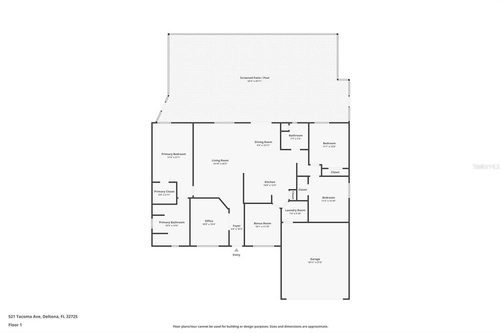 This is a floor plan for a single-story house with a screened patio and pool — 521 TACOMA AVENUE, DELTONA, FL