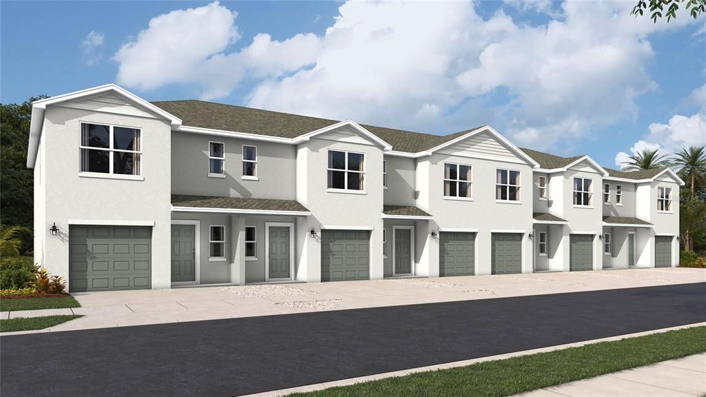 A digital rendering shows a row of multi-story townhomes with attached garages and driveways — 7616 42ND LANE N, PINELLAS PARK, FL
