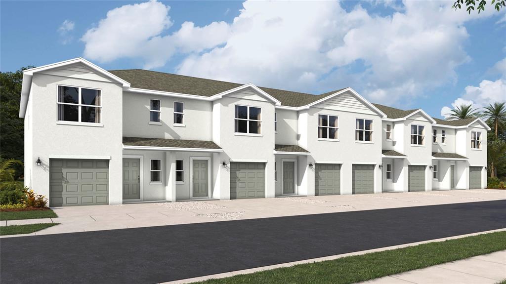 This is a digital rendering of a multi-unit townhouse complex with attached garages — 7616 42ND LANE N, PINELLAS PARK, FL